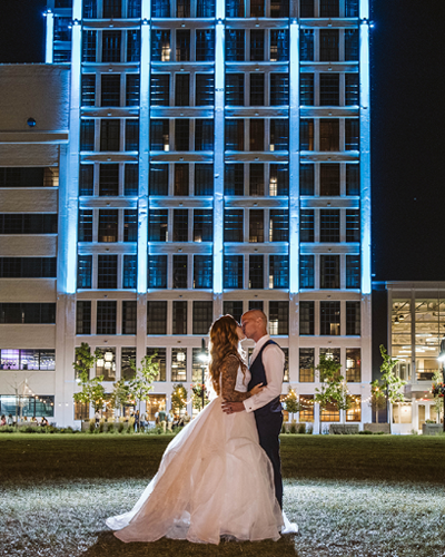 Wedding Couple Outside Embassy Suites Rockford Evening