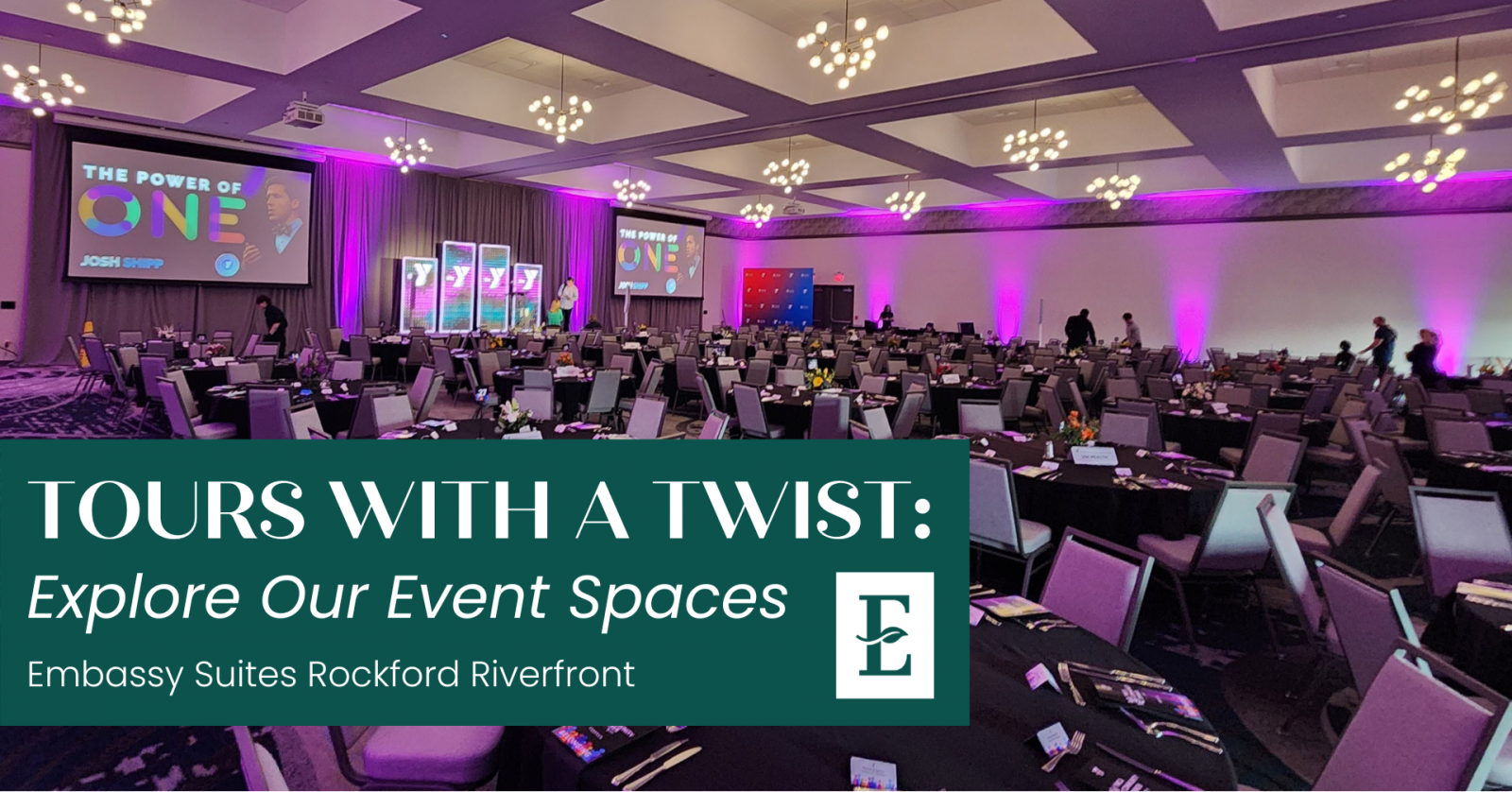 Tours with a Twist event at Embassy Suites Rockford Riverfront showcasing elegant Rockford wedding and event venues.